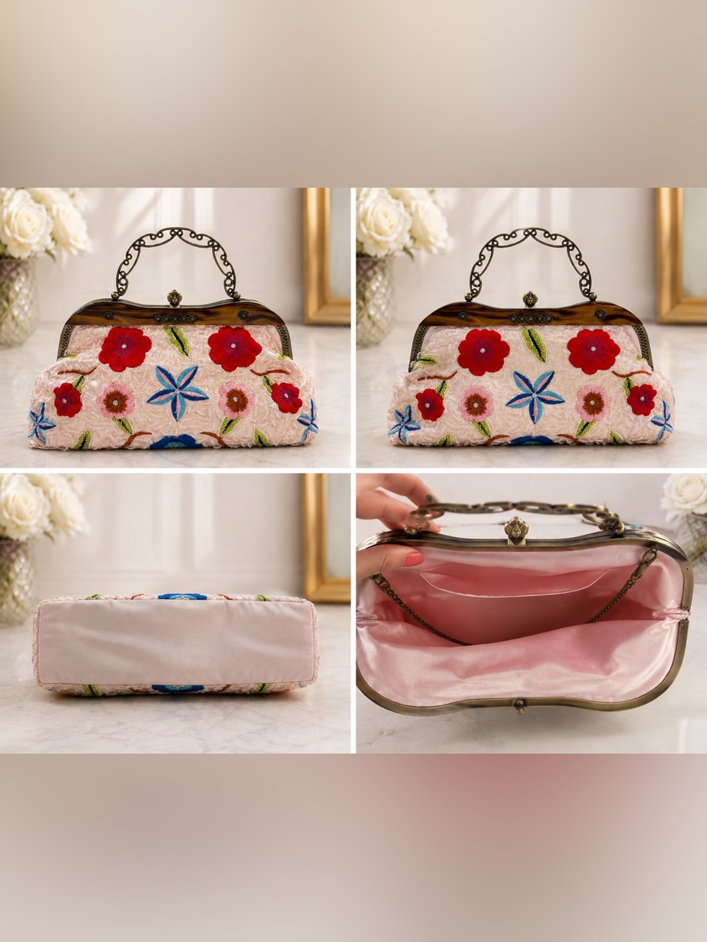 Floral Embroidered Pink Vintage-Style Handbag